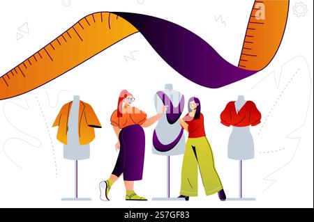 Webkonzept für Modedesigner. Mode Designer Service, maßgeschneidert auf Bestellung. Personenszene mit flachen Zeichen für die Website. Vektorillustration für Werbematerialien in sozialen Medien Stock Vektor