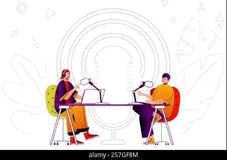 Podcast-Webkonzept. Moderator und Gast senden Live-Übertragungen oder nehmen Interviews auf. Personenszene mit flachen Zeichen für die Website. Vektorillustration für Werbematerialien in sozialen Medien Stock Vektor