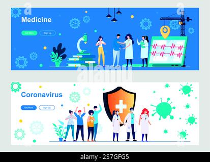 Medizin und Coronavirus-Landingpage mit Menschen-Charakteren. Web-Banner für Online-Beratung, Diagnose und Behandlung. Coronavirus Pandemie Vektor Illustration großartig für Social Media Cover. Sprachkurse und Unterrichtsseite mit Personen-Charakteren. Online-Fernunterricht, Lehrdienst Web-Banner Set. Vektorillustration für E-Learning-Plattformen, ideal für Social-Media-Cover. Stock Vektor