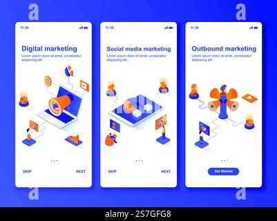 Isometrisches Design-Kit für Social Media Marketing. Digitale Technologie, Outbound-Marketing in Vorlagen für soziale Netzwerke für Apps. UI UX Onboarding-Bildschirme. Vektor-Illustration mit winzigen Menschen Charaktere. Isometrisches Design-Kit für Social Media Marketing. Stock Vektor