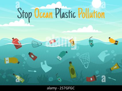 Stoppen Sie die Ozean-Plastik-Verschmutzungsvektor-Illustration mit Müll unter dem Meer wie ein Abfallsack, Müll und eine Flasche in flachen, handgezeichneten Schablonen Stock Vektor