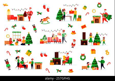 Fröhliche Weihnachtskulisse mit flachen Szenen. Frohe Weihnachtsfeier, isoliertes Set. Geschmückter Weihnachtsbaum, Geschenke, Girlanden, Weihnachtsmann und Kaminelemente. Familienfeier Cartoon Vektor Illustration. Stock Vektor