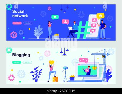 Social Network und Blogging Landing Page mit Personen Charakteren. Content Production, Vlogging und Streaming Webbanner. Vektorillustration für Online-Kommunikation und Messaging, ideal für soziale Medien. Stock Vektor