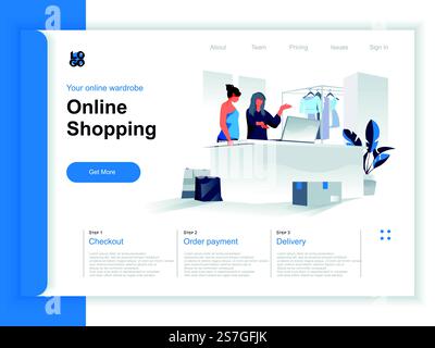 Isometrische Landing-Page für Online-Shopping. Marketingspezialist zeigt dem Kunden Waren auf dem Laptop-Bildschirm in der Store-Situation. Online-Auswahl und -Kauf von Waren im Internet-Marktplatz Perspektive flache Design. Stock Vektor