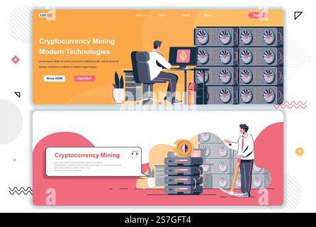 Zielseiten für Marketplace-Site für Kryptowährungen festgelegt. Kryptowährungs- und Börsenbörsen- und Handelswebsite. Flache Vektorillustration mit Menschen. Web-Konzept wird als Header-, Footer- oder Middle-Content verwendet. Stock Vektor