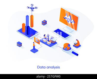 Isometrisches Webbanner zur Datenanalyse. Isometriekonzept der Finanzdatenanalyse. Erfassung und Recherche von Informationen in 3D-Szenen, Data Engineering Flat Design. Vektorillustration mit Personenfiguren. Stock Vektor
