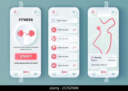 Fitnessmonitor einzigartiges pneumorphes Design-Kit für mobile App. Persönlicher Tracker mit Laufstrecke auf der Karte, verschiedene Arten von Workouts. Sport-UI, UX-Vorlagensatz. GUI für responsive mobile Anwendungen. Stock Vektor