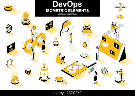 DevOps-Bündel isometrischer Elemente. Start-up-Einführung, Softwareentwicklung, Bereitstellung und Tests, Automatisierung und Programmierung isolierter Symbole. Isometrischer Vektor-Illustrationskit mit Personenzeichen. Stock Vektor