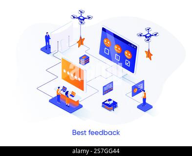 Isometrisches Webbanner für das beste Feedback. Meinung, Bewertung und Bewertung des Isometriekonzepts von Online-Kunden. Social Media Marketing 3D-Szene, Design von Feedback-Kommentaren. Vektorillustration mit Personenfiguren. Stock Vektor