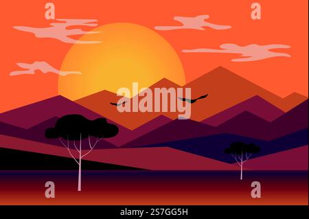 Sonnenuntergang im Hintergrund der Berglandschaft in flachem Stil. Die untergehende Sonne scheint über Berggipfeln und Hügeln, Vögel fliegen, Bäume in der Wüste. Naturlandschaft. Vektorabbildung des Webbanners Stock Vektor