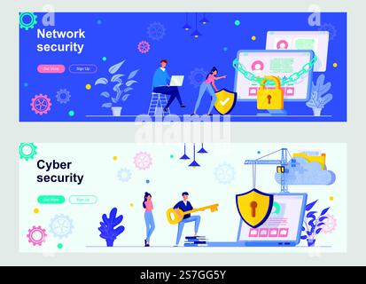 Startseite für Cybersicherheit mit Personenzeichen. Internet-Datenschutz, Kennwortidentifikation Webbanner. Vektorillustration für Beratung und Unterstützung zur Netzwerksicherheit, ideal für Social Media Cover Stock Vektor