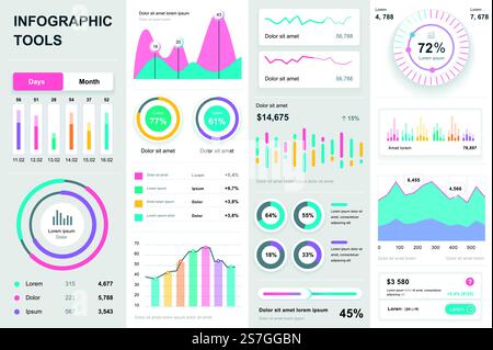 Bundle Infografik-UI, UX, KIT-Elemente. Verschiedene Diagramme, Diagramme, Workflow, Flussdiagramme, Zeitachse, Vorlagen für Schemas, Marketingsymbole, Diagramme und Balken. Vektorinfo Grafik und Infografik Set. Stock Vektor