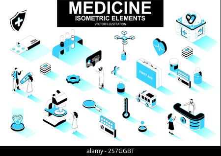 Arzneimittelbündel isometrischer Elemente. Erste-Hilfe-Kasten, Medizin, Arzt, Laborforschung, Pharmazie, isolierte Symbole für Krankenwagen. Isometrischer Vektor-Illustrationskit mit Personenzeichen. Stock Vektor