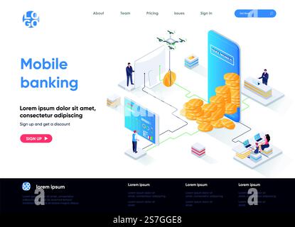 Isometrische Landing-Page für mobiles Banking. Mobile Anwendung für die Webseite für Finanzmanagement, Online-Zahlung und Isometrie. Flache Vorlage der Website, Vektorillustration mit Personenzeichen. Stock Vektor