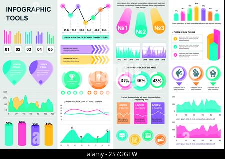 Bundle Infografik-UI, UX, KIT-Elemente. Verschiedene Diagramme, Diagramme, Workflow, Flussdiagramme, Zeitachse, Vorlagen für Schemas, Marketingsymbole, Diagramme und Balken. Vektorinfo Grafik und Infografik Set. Stock Vektor
