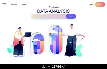 Datenanalyse Web-Konzept für Landing-Page. Analysten recherchieren Statistiken, Finanzanalysen, Bannervorlage für Unternehmensbuchhaltung. Vektorillustration für Webseite in flachem Zeichentrickdesign Stock Vektor