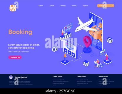 Isometrische Landingpage wird gebucht. Reiseantrag für Ticketbestellungen, Webseite für Hotelsuche, Überprüfung und Reservierung von Isometrie. Flugbuchung flache Website. Vektorillustration mit Personenfiguren. Stock Vektor