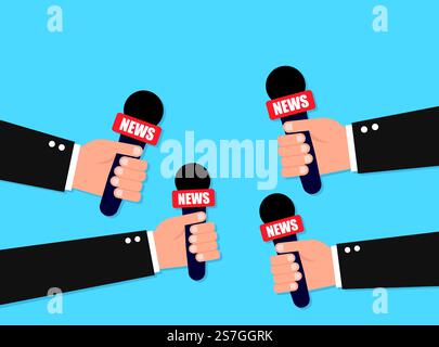 Journalismusbegriff. Hände halten Mikrofone. Hand mit Mikrofon. Stock Vektor