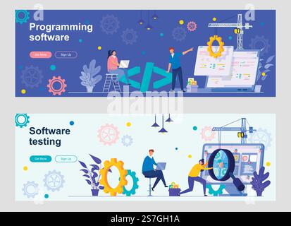 Programmieren der Software-Landing-Page mit Personenzeichen. Web-Banner für Programmdebugging und -Optimierung festgelegt. Illustration von Anwendungsentwicklung und Testvektoren, ideal für Social Media Cover. Stock Vektor