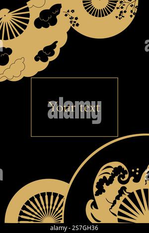 Papierventilator. Goldenes Accessoire. Tragbare Kühlung Geisha-Attribut. Rahmen im japanischen Design. Kreisformen. Orientalisches Souvenir. Silhouette Wolken oder Sakura f Stock Vektor