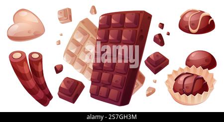 Schokoladentafeln und Bonbons isoliert auf weißem Hintergrund. Vektor-Karikaturillustration von bitterem dunklem, süßem Milch- und weißem Kakaodessert, Herzform süß in Papierverpackung, Süßwarenfahne Stock Vektor