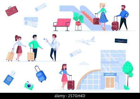 Isolationselemente für Flughafenanschlüsse. Ein Bündel maskierter Passagiere geht zur Temperaturkontrolle, Touristen mit Gepäck gehen an Bord, Weltreise. Creator Kit für Vektor-Illustration in flachem Zeichentrickdesign Stock Vektor