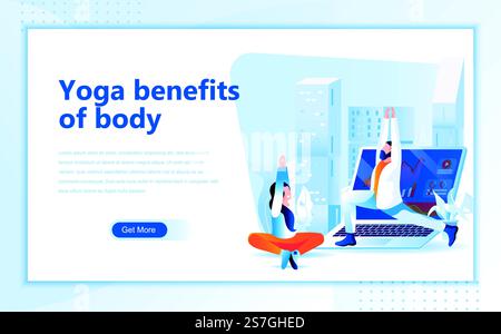 Yoga Vorteile von Body Flat Webseite Design Vorlage für Homepage oder Header Bilder dekoriert Menschen für Website und mobile Website Entwicklung. Vorlage für flache Landing-Page. Vektorabbildung. Stock Vektor