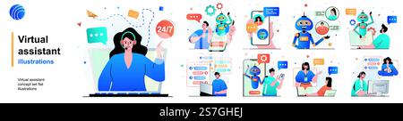 Isolierter Satz des virtuellen Assistenten. Benutzer rufen Hotline an, Online-Chat-bot-Support. Personensammlung mit Szenen in flachem Design. Vektorillustration für Bloggen, Website, mobile App, Werbematerial. Stock Vektor