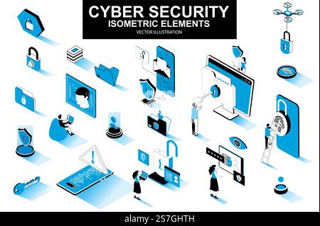 Cyber Security Bundle isometrischer Elemente. Fingerabdruckscanner, Vorhängeschloss, Passwort, Firewall, Datenordner, isolierte Symbole für den elektronischen Sicherheitsschlüssel. Isometrische Vektorillustration mit Personenzeichen Stock Vektor