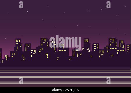 Nächtliche Stadtlandschaft Hintergrund in flachem Stil. Silhouetten von Wolkenkratzern, Abendstraße mit Häusern mit leuchtenden Fenstern, Gebäude säumen das Stadtbild. Naturlandschaft. Vektorabbildung des Webbanners Stock Vektor