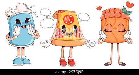 Retro-Fastfood-Charaktere isoliert auf weiß. Zeitgenössische Vektor-Zeichentrickillustration von glücklicher schaumiger Soda-Dose, Stück Pizza, Bubble Tee Maskottchen mit Beinen und Armen, Restaurant-Menü-Elemente Stock Vektor