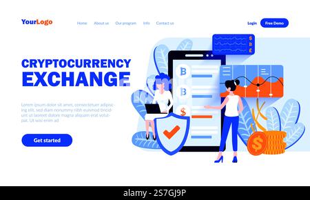 Vorlage für die Landing-Page-Vektorvorlage für den Austausch von Kryptowährungen mit Header. Online-Webbanner für den Währungsmarkt, Homepage-Design mit flachen Illustrationen. Kryptogeld, Internet-Geschäftskonzept Stock Vektor