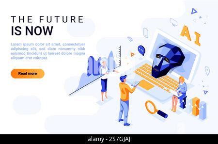 Future ist jetzt Landing-Page-Vektorvorlage mit isometrischer Abbildung. Künstliche Intelligenz und neuronale Netzwerke Homepages-Schnittstellenlayout mit Isometrie. KI-Studie 3D-Webseitentwurfsidee Stock Vektor