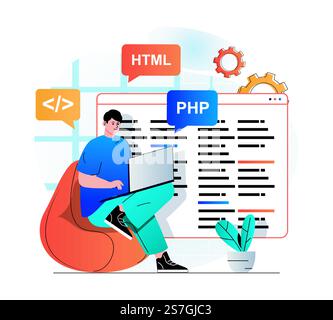 Programmierarbeitskonzept in moderner Flachbauweise. Entwickler programmieren in HTML- und php-Sprachen, erstellen Software, arbeiten auf Laptop. Entwicklung, Optimierung und Testen von Apps. Vektorabbildung Stock Vektor
