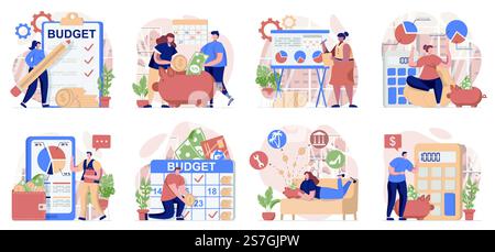 Planung der Sammlung von isolierten Szenen für Finanzbudgets. Die Leute führen Buchhaltung, Finanzmanagement, in flachem Design. Vektorillustration für Bloggen, Website, mobile App, Werbematerial. Stock Vektor