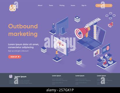Isometrische Landingpage für ausgehendes Marketing. Online-Werbung und -Werbung im Social-Media-Isometriekonzept. Flache Webseite für ausgehende Marketingaktivitäten. Vektorillustration mit Personenfiguren. Stock Vektor