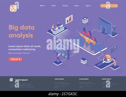 Isometrische Landingpage für Big-Data-Analyse. Analyse- und Business Intelligence-Isometrie-Konzept. Online-Analysetools, Webseite des Softwareentwicklungsunternehmens. Vektorillustration mit Personenfiguren Stock Vektor