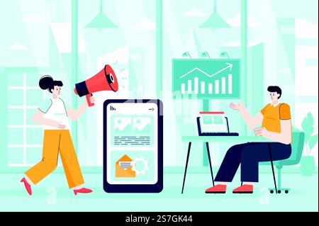 Outbound-Marketing-Konzept in flacher Ausführung. Kollegen arbeiten im Büro. Werbung, Geschäftsförderung, Kommunikation mit Kunden. Vektorabbildung von Personenzeichen für Landing-Page Stock Vektor