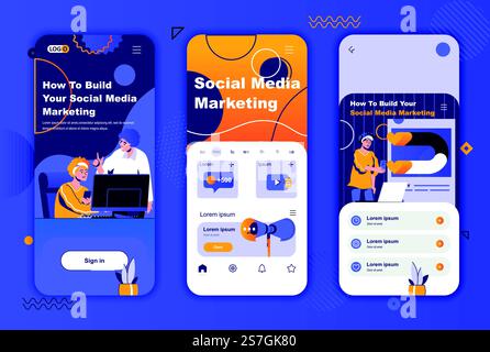 Social-Media-Marketing einzigartiges Design für Social-Media-Geschichten. Mobile Bildschirme für Online-Werbekampagnen und -Werbekampagnen für App. Vektorillustration für UI-UX-Layouts. GUI mit Personenzeichen festgelegt. Stock Vektor
