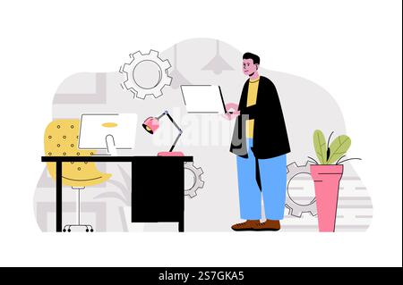 Computertechnologiekonzept. Der Entwickler arbeitet an einem Laptop und schafft eine Software-Situation. Programmierer in der Szene von Büroleuten. Vektorillustration mit flachem Zeichendesign für Website und mobile Website Stock Vektor