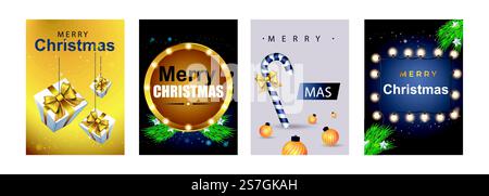 Frohe Weihnachten Set mit Poster oder Flyer Grußkarten mit Baumzweig und Weihnachtskugel. Neues Jahr 2022 Cover Design. Layout der Weihnachtsbroschüre. Vektordarstellung mit realistischen Elementen. Stock Vektor