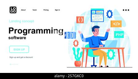 Web-Konzept für Programmiersoftware. Man Programmierer erstellt Software, Programme und Anwendungen. Vorlage für Personenszenen. Vektorillustration mit Charakteraktivitäten in flachem Design für Website Stock Vektor