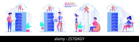 Szenarien für das Konzept des Rechenzentrums. Ingenieure arbeiten im Serverraum, warten den Gerätebetrieb und die Cloud-Technologie. Sammlung von Personenaktivitäten. Vektorabbildung von Zeichen in flacher Form Stock Vektor