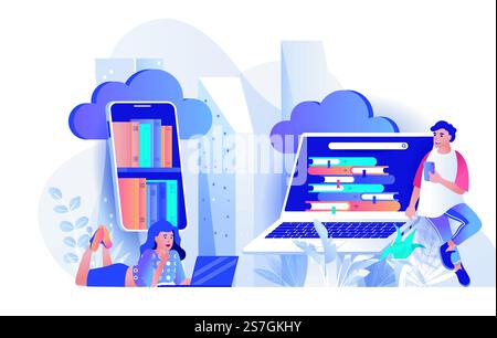 Cloud-Bibliothekskonzept in flacher Konstruktion. Online-Bibliothek und E-Books-Szenenvorlage. Mann und Frau lesen von Smartphones, suchen online nach Büchern. Vektorillustration der Aktivitäten von Personen-Charakteren Stock Vektor