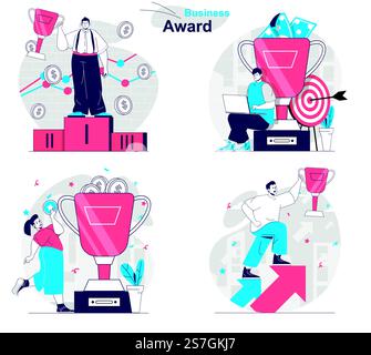 Konzeptsatz für Business Award. Erfolgreicher Geschäftsmann oder Geschäftsfrau erreicht Ziele. Menschen isolierten Szenen in flacher Bauweise. Vektorillustration für Bloggen, Website, mobile App, Werbematerial. Stock Vektor