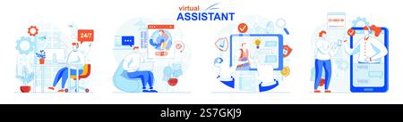 Konzeptset für virtuellen Assistenten. Clients schreiben an Chats und Anrufe an Operatoren. Menschen isolierten Szenen in flacher Bauweise. Vektorillustration für Bloggen, Website, mobile App, Werbematerial. Stock Vektor
