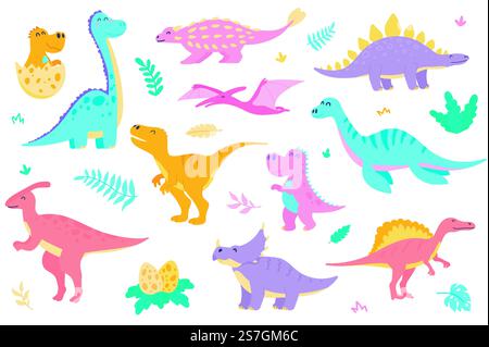 Niedliche Dinosaurier isolierte Objekte Set. Sammlung verschiedener Arten von bunten Dinosauriern, Dino-Baby im Ei. Lustige prähistorische jurassische Reptilien. Vektorillustration von Designelementen in flachem Cartoon Stock Vektor