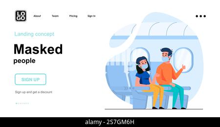 Webkonzept für maskierte Personen. Mann und Frau tragen Masken im Flugzeug, während sie fliegen. Coronavirus-Prophylaxe. Vorlage für Personenszene. Vektorillustration mit Charakteraktivitäten in flachem Design für Website Stock Vektor