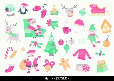 Weihnachtsfeiertage Einzelobjekte Set. Sammlung von Santa Claus, Elfe, Rentier, Pinguin, Baum, Geschenke, Schneeflocken, Dekor, Kleidung und Süßigkeiten. Vektorillustration von Designelementen in flachem Cartoon Stock Vektor
