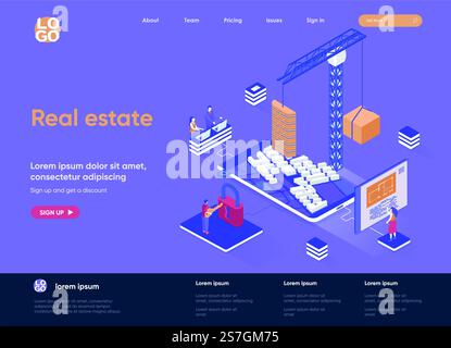 Isometrische Landingpage für Immobilien. Webseite für Wohn- und Gewerbeimmobilien, Ingenieurwesen und Bauisometrie. Flache Vorlage der Website, Vektorillustration mit Personenzeichen. Stock Vektor